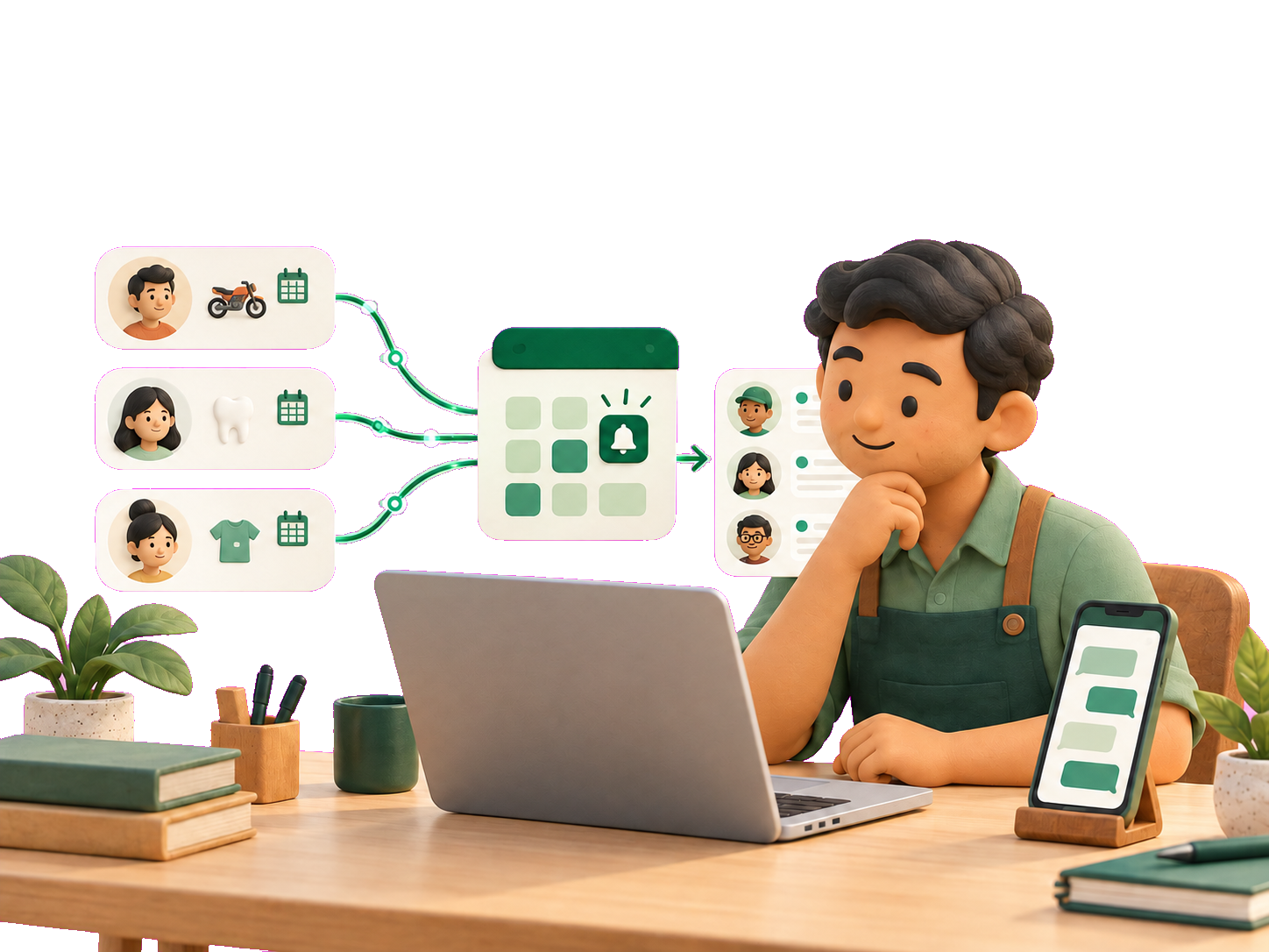 Ilustrasi bisnis jasa yang mengelola pengingat pelanggan dan booking melalui WhatsApp